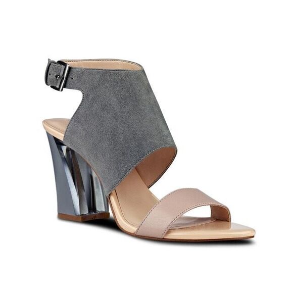 NEW Nine West Moshpit Comfort Block Heel Gray Suede Patent Leather Size 6 - Picture 1 of 7